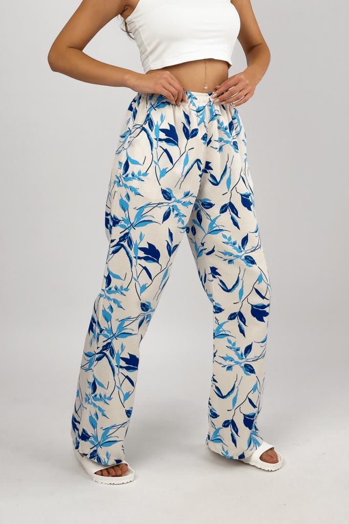 Kadın Pamuk Keten Desenli Cepli Bol Kesim Oversize Palazzo Pantolon L - Mavi Yaprak
