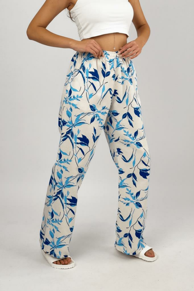 Kadın Pamuk Keten Desenli Cepli Bol Kesim Oversize Palazzo Pantolon L - Mavi Yaprak