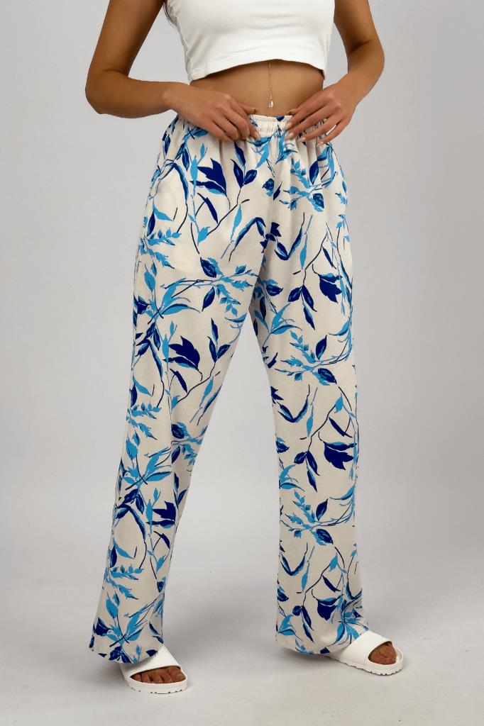 Kadın Pamuk Keten Desenli Cepli Bol Kesim Oversize Palazzo Pantolon L - Mavi Yaprak