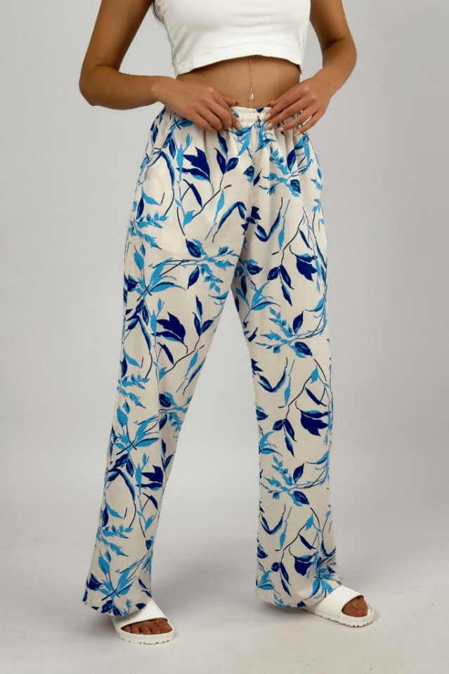 Kadın Pamuk Keten Desenli Cepli Bol Kesim Oversize Palazzo Pantolon L - Mavi Yaprak