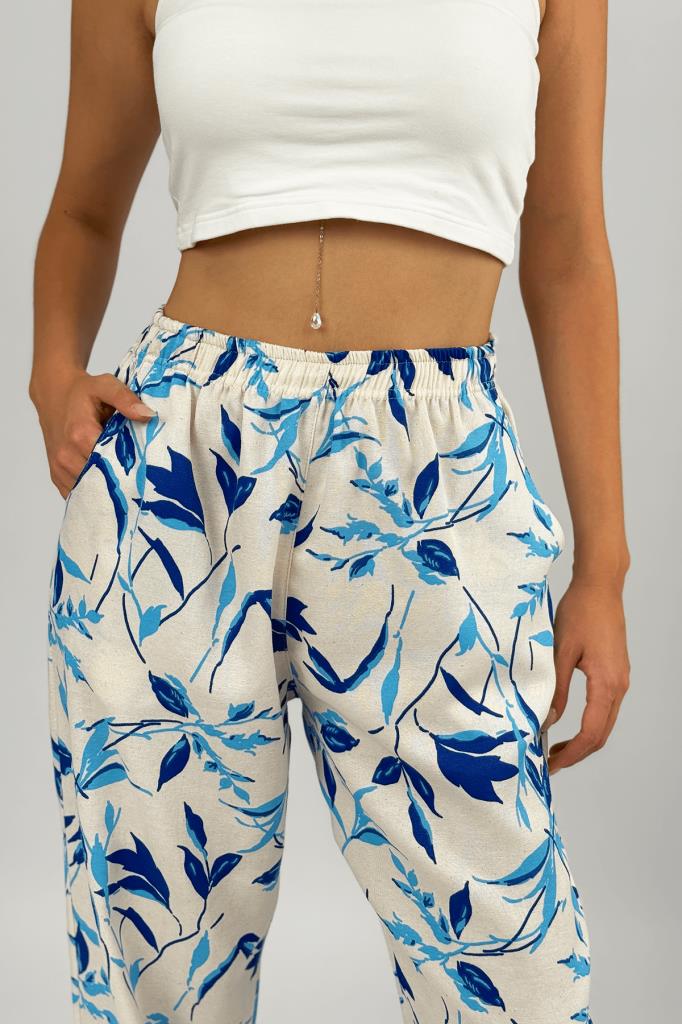 Kadın Pamuk Keten Desenli Cepli Bol Kesim Oversize Palazzo Pantolon L - Mavi Yaprak