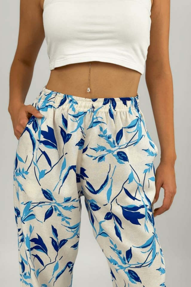 Kadın Pamuk Keten Desenli Cepli Bol Kesim Oversize Palazzo Pantolon L - Mavi Yaprak