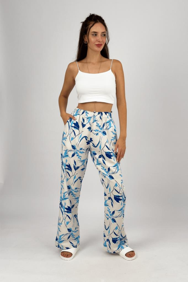 Kadın Pamuk Keten Desenli Cepli Bol Kesim Oversize Palazzo Pantolon XL - Mavi Yaprak