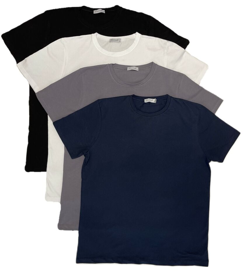 Erkek Slim Fit Dar Kesim Bisiklet Yaka Kısa Kol Pamuklu 4’lü Tişört Paketi Siyah Beyaz Gri Lacivert - M