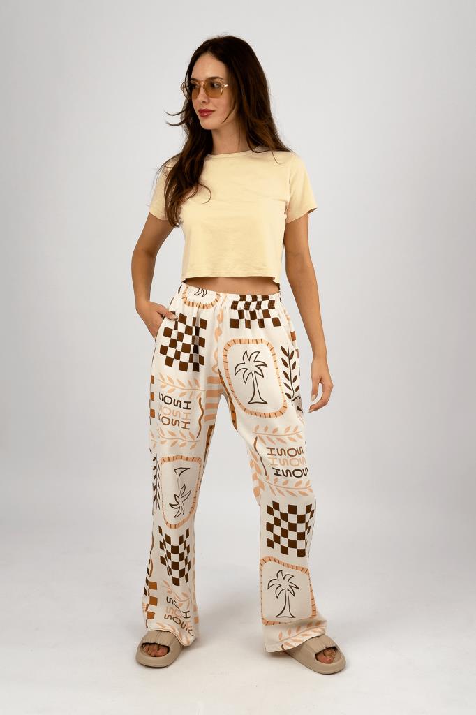 Kadın Pamuk Keten Desenli Cepli Bol Kesim Oversize Palazzo Pantolon Somon - S