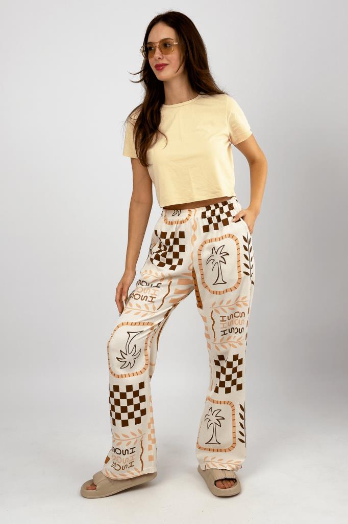 Kadın Pamuk Keten Desenli Cepli Bol Kesim Oversize Palazzo Pantolon Somon - S