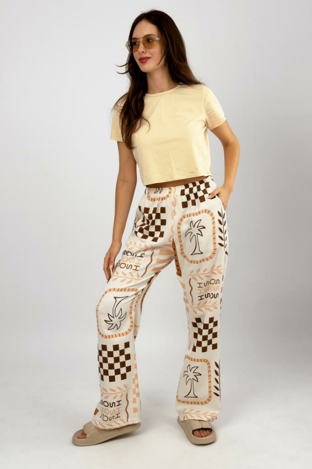 Kadın Pamuk Keten Desenli Cepli Bol Kesim Oversize Palazzo Pantolon Somon - S