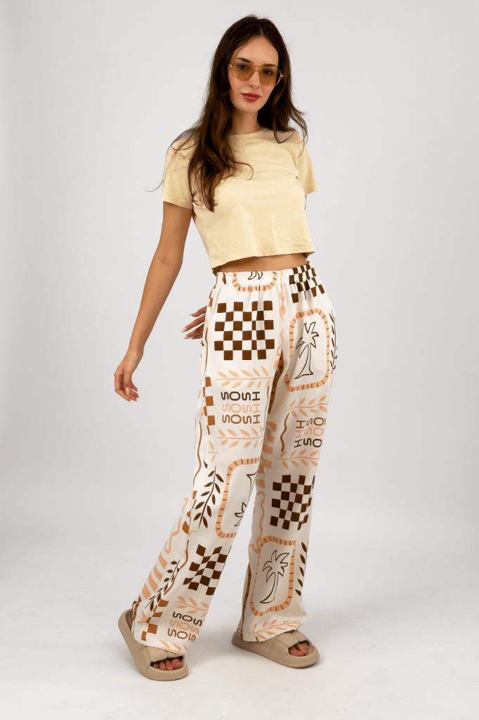 Kadın Pamuk Keten Desenli Cepli Bol Kesim Oversize Palazzo Pantolon Somon - S