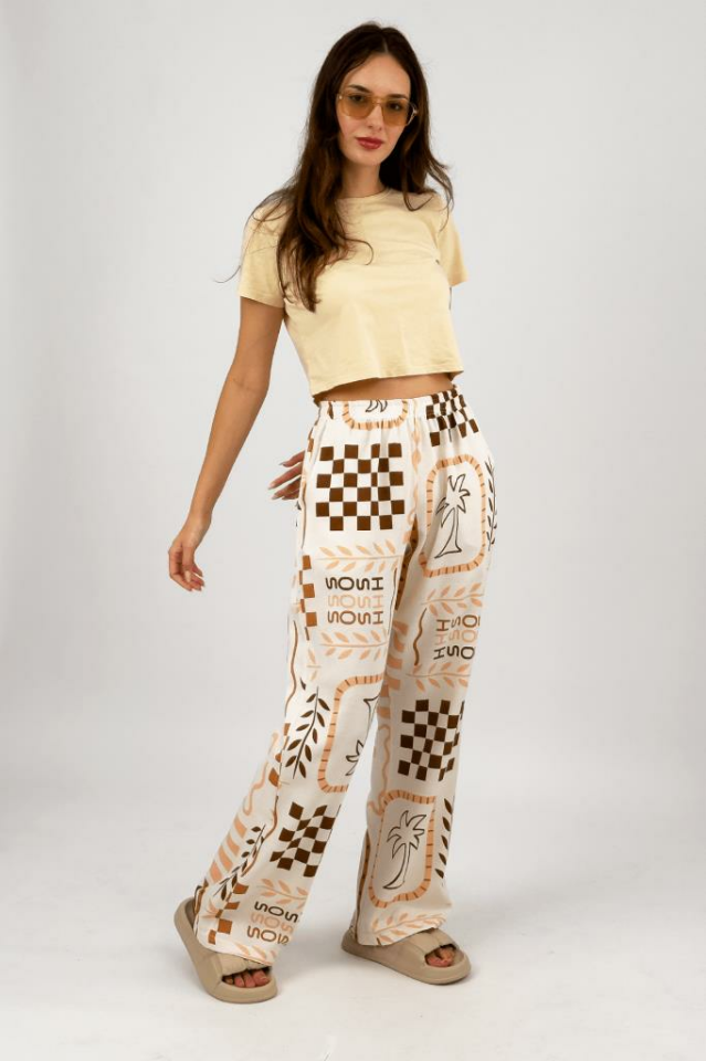 Kadın Pamuk Keten Desenli Cepli Bol Kesim Oversize Palazzo Pantolon Somon - S