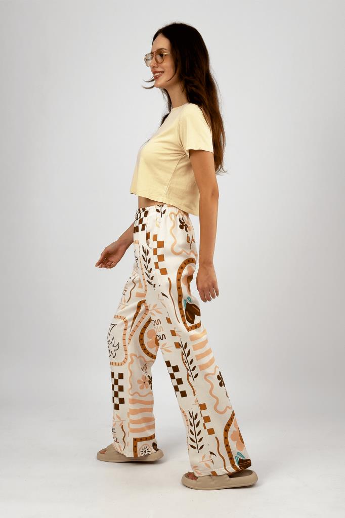 Kadın Pamuk Keten Desenli Cepli Bol Kesim Oversize Palazzo Pantolon Somon - S