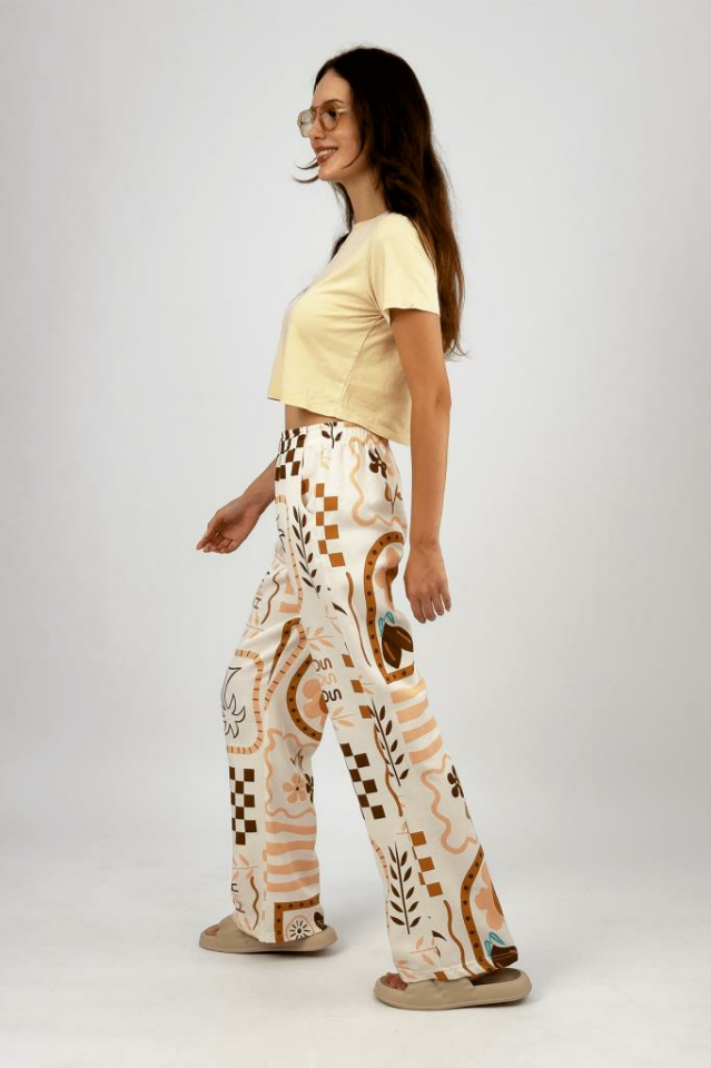 Kadın Pamuk Keten Desenli Cepli Bol Kesim Oversize Palazzo Pantolon Somon - S