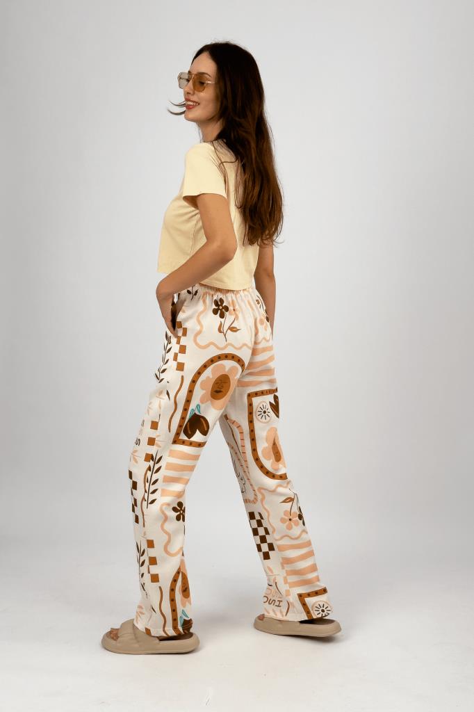 Kadın Pamuk Keten Desenli Cepli Bol Kesim Oversize Palazzo Pantolon Somon - S