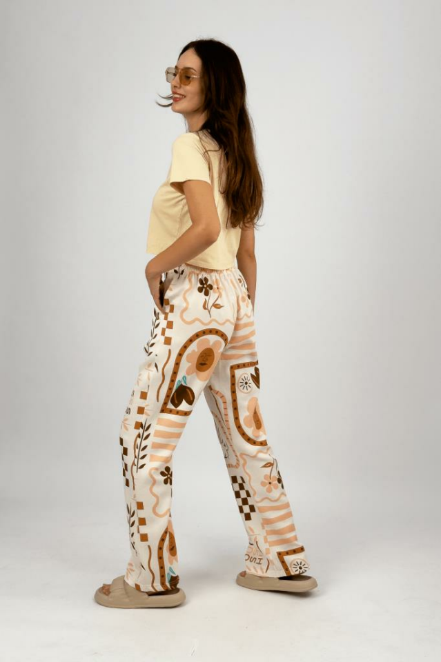 Kadın Pamuk Keten Desenli Cepli Bol Kesim Oversize Palazzo Pantolon Somon - S