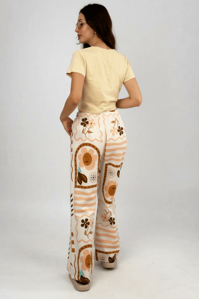 Kadın Pamuk Keten Desenli Cepli Bol Kesim Oversize Palazzo Pantolon Somon - S