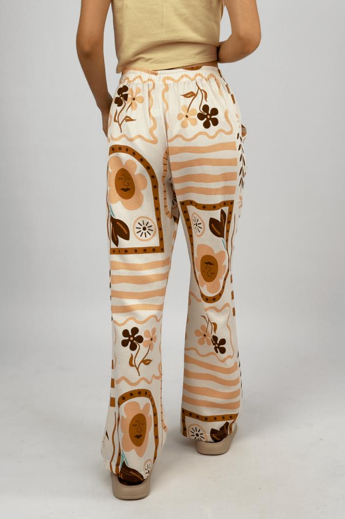 Kadın Pamuk Keten Desenli Cepli Bol Kesim Oversize Palazzo Pantolon Somon - S