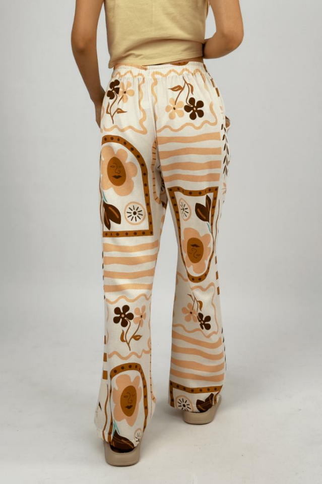 Kadın Pamuk Keten Desenli Cepli Bol Kesim Oversize Palazzo Pantolon Somon - S