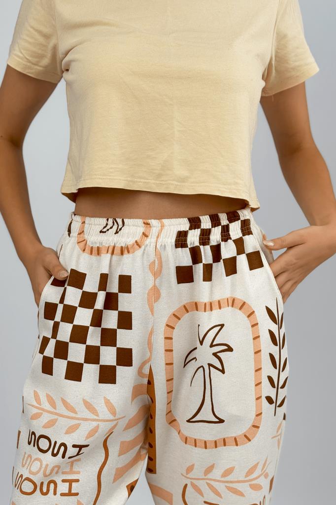 Kadın Pamuk Keten Desenli Cepli Bol Kesim Oversize Palazzo Pantolon Somon - S