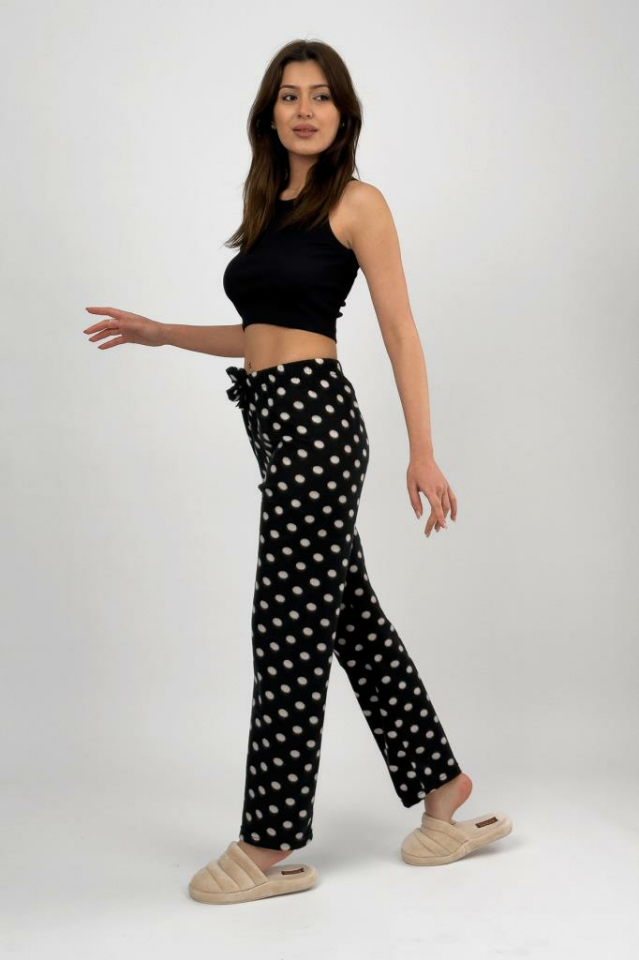 Kadın Polar Pijama Altı Kışlık Lastikli Bel Tek Alt Siyah Noktalı - L