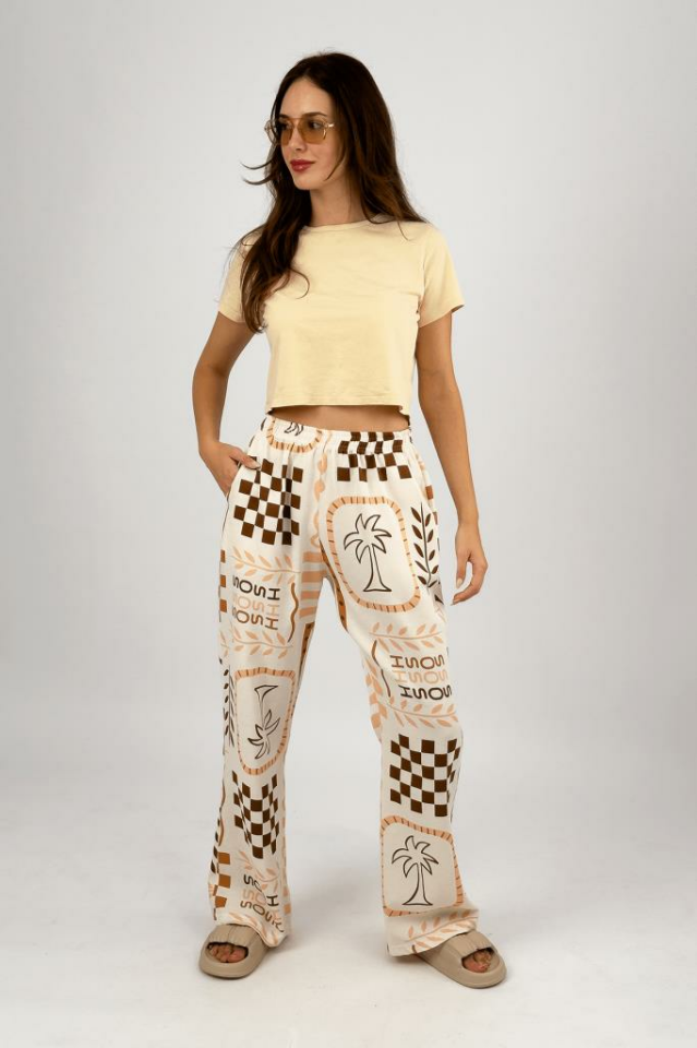 Kadın Pamuk Keten Desenli Cepli Bol Kesim Oversize Palazzo Pantolon Somon - XL