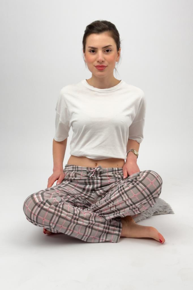 Betimoda Kadın Pijama Altı Kurdeleli Siyah Gri Kareli - 2XL