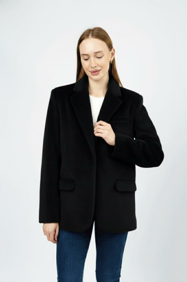 Kadın Peluşlu Kemerli Tüylü Ceket Siyah - S