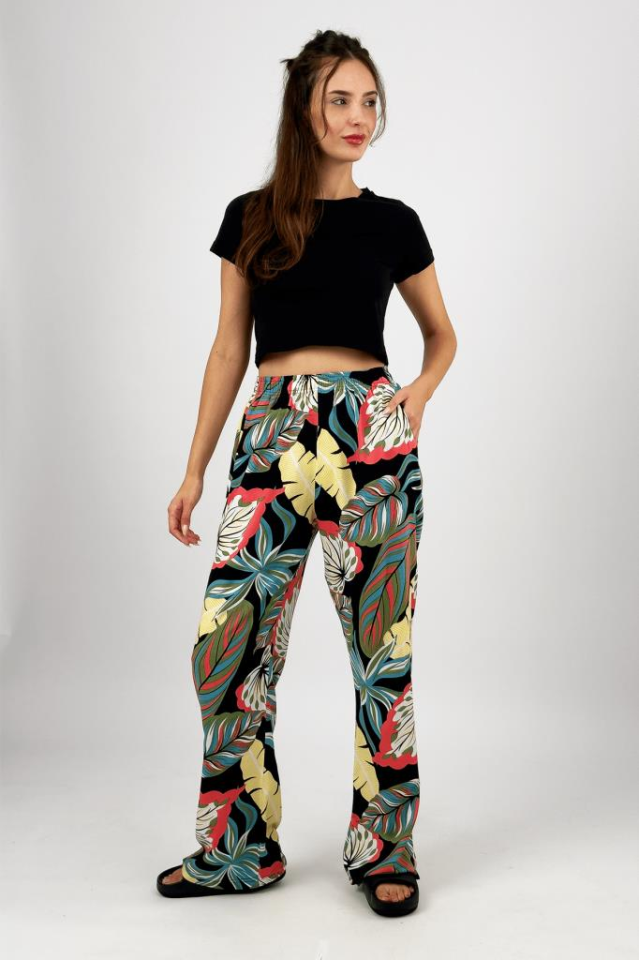 Kadın Dokuma Viskon Desenli Cepli Bol Kesim Oversize Palazzo Pantolon S - Sarı Yaprak