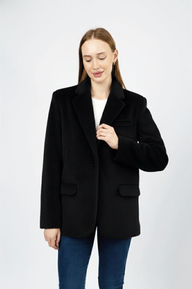 Kadın Peluşlu Kemerli Tüylü Ceket Siyah - XL