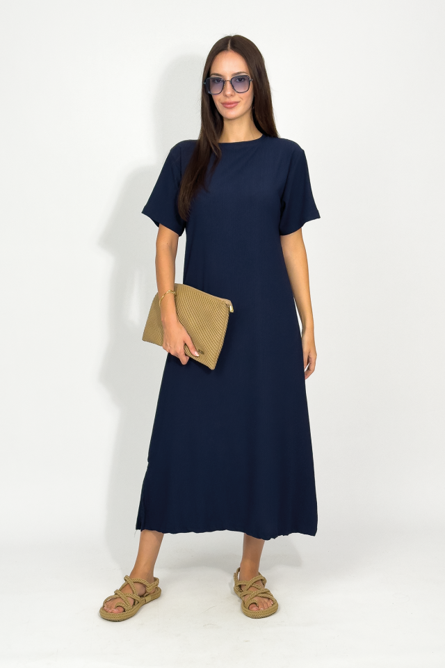 Kadın Bürümcük Kumaş Yırtmaçlı Oversize Kısa Kol Bisiklet Yaka Midi Boy Elbise LACİVERT - L/XL