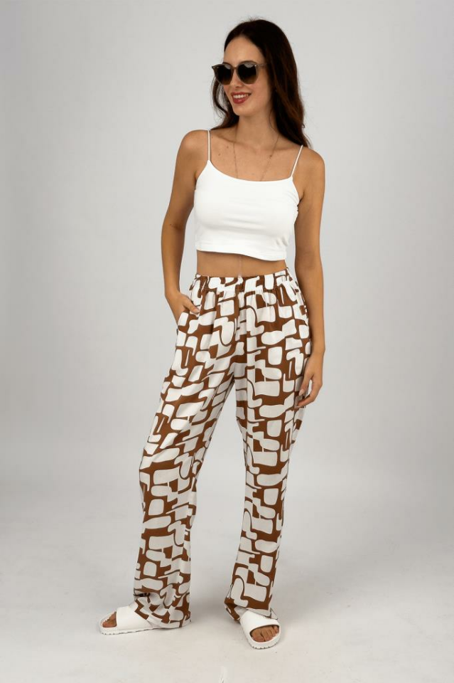 Kadın Dokuma Viskon Desenli Cepli Bol Kesim Oversize Palazzo Pantolon XL - Kahve Beyaz