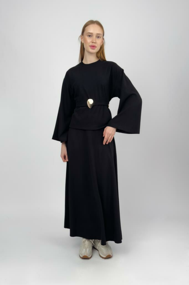 Kadın Fitilli Yarım Balıkçı Kemerli Etekli Takım Siyah - XL