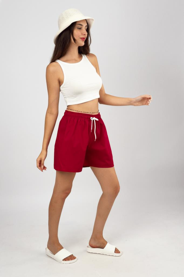 Kadın Dokuma Pamuk Baskısız Düz Renk Beyaz İpli Lastili Bel Basic Bol Kesim Rahat Kısa Şort