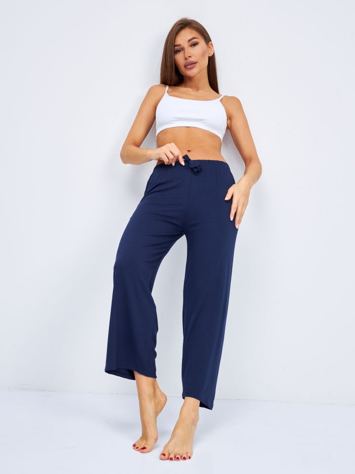 Kadın Bol Kesim Bol Paça Rahat Oversize İnce Palazzo Pantolon LACİVERT - L/XL