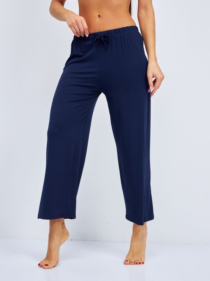 Kadın Bol Kesim Bol Paça Rahat Oversize İnce Palazzo Pantolon LACİVERT - L/XL