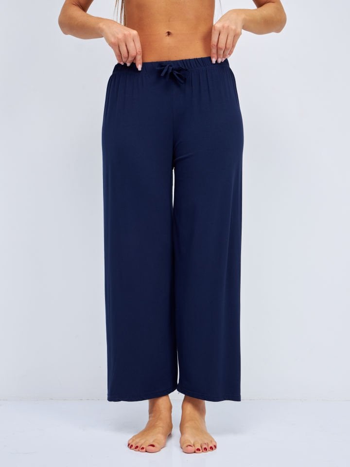 Kadın Bol Kesim Bol Paça Rahat Oversize İnce Palazzo Pantolon LACİVERT - L/XL