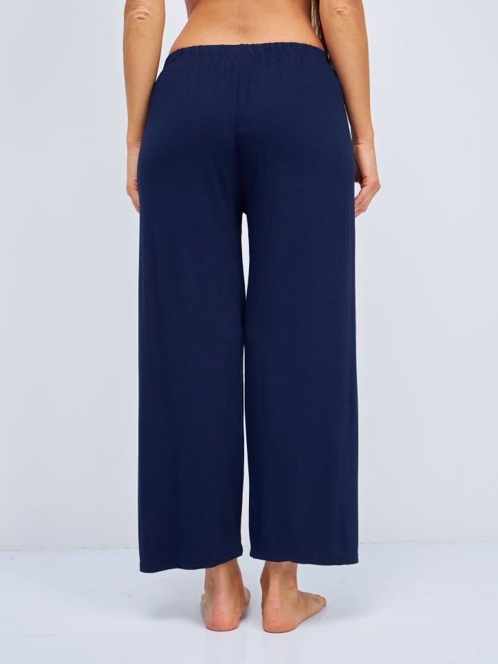 Kadın Bol Kesim Bol Paça Rahat Oversize İnce Palazzo Pantolon LACİVERT - L/XL