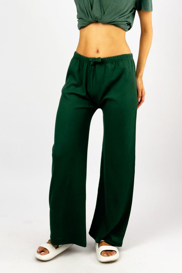 Kadın Lastikli Bel Dökümlü Yumuşak Palazzo Pantolon Waffle Kumaş YEŞİL - L