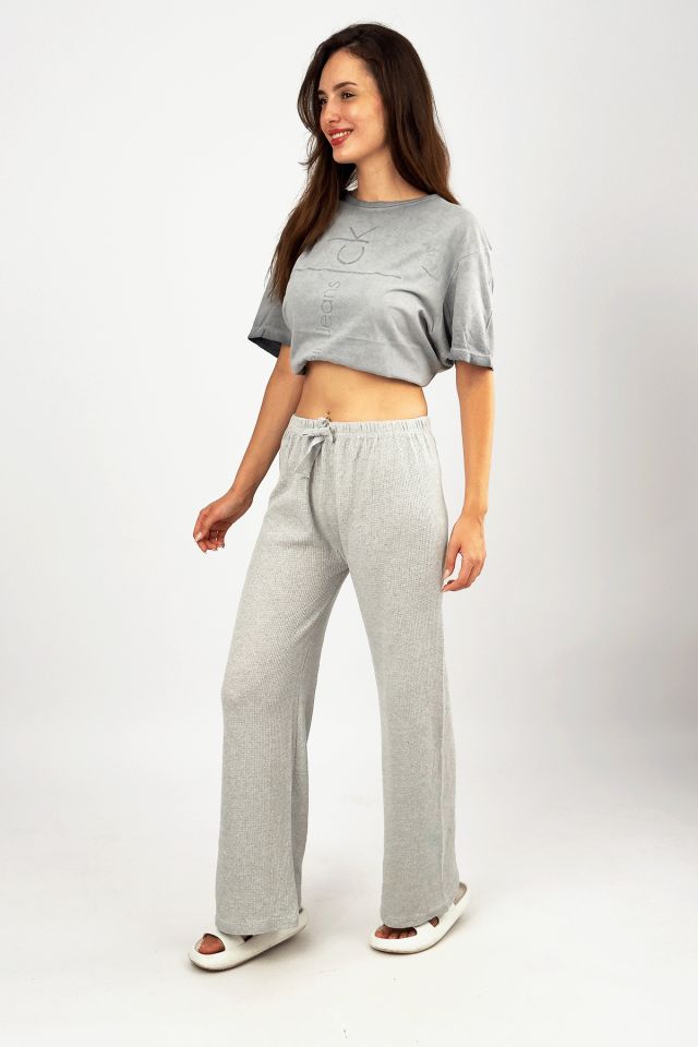 Kadın Lastikli Bel Dökümlü Yumuşak Palazzo Pantolon Waffle Kumaş GRİ - XL