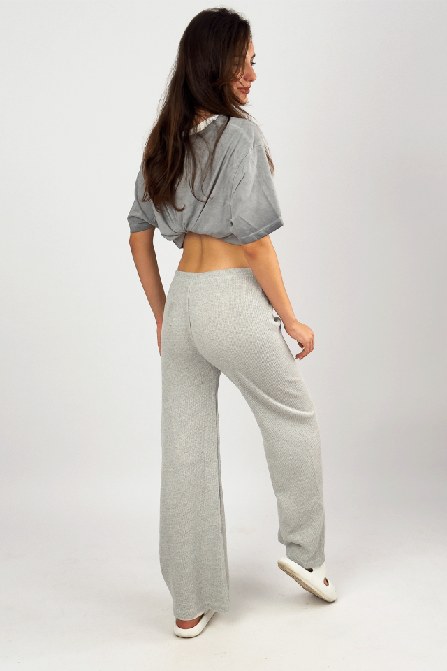 Kadın Lastikli Bel Dökümlü Yumuşak Palazzo Pantolon Waffle Kumaş GRİ - XL