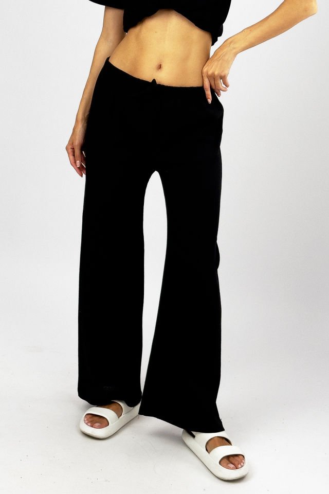 Kadın Lastikli Bel Dökümlü Yumuşak Palazzo Pantolon Waffle Kumaş SİYAH - 2XL