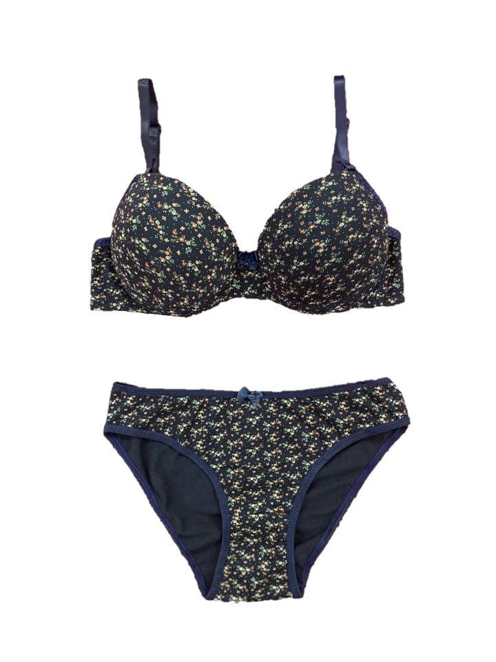 Kadın Çiçekli Destekli Sütyen Takım LACİVERT - 75