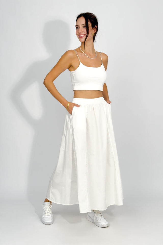 Poplin Beli Lastikli Cepli Uzun Etek EKRU - STANDART