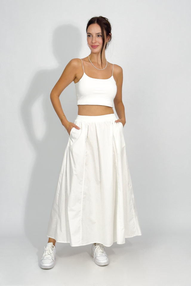 Poplin Beli Lastikli Cepli Uzun Etek EKRU - STANDART