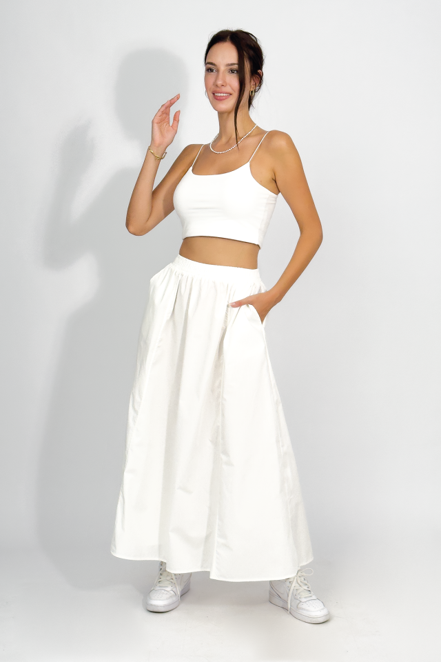 Poplin Beli Lastikli Cepli Uzun Etek EKRU - STANDART