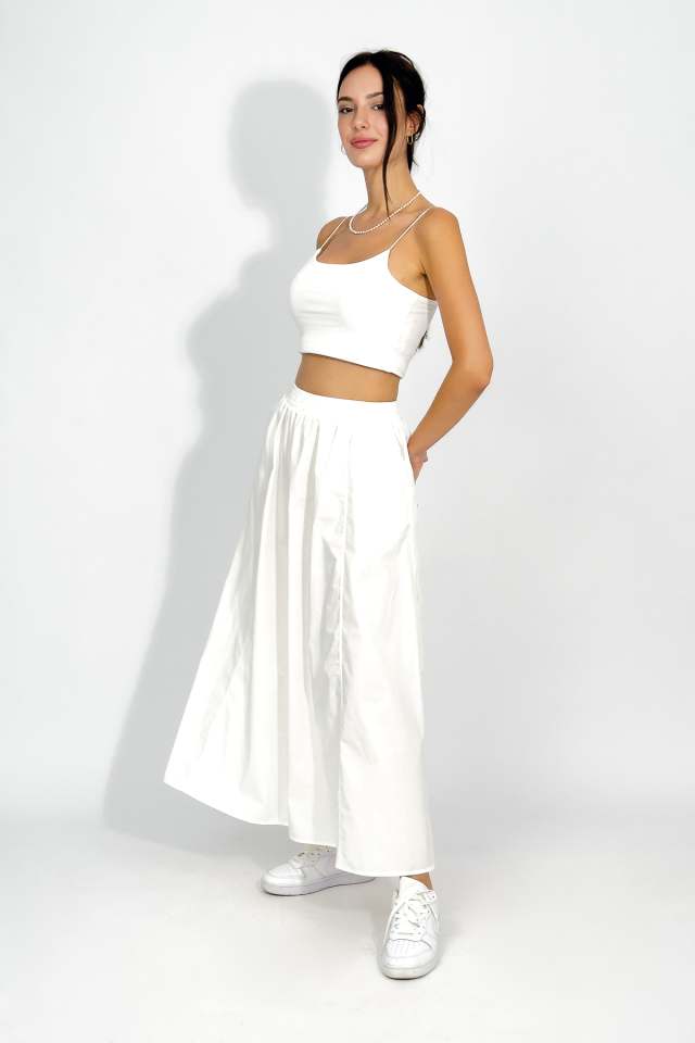 Poplin Beli Lastikli Cepli Uzun Etek EKRU - STANDART
