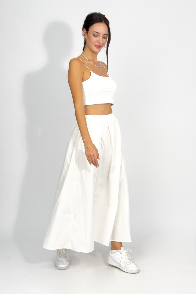 Poplin Beli Lastikli Cepli Uzun Etek EKRU - STANDART