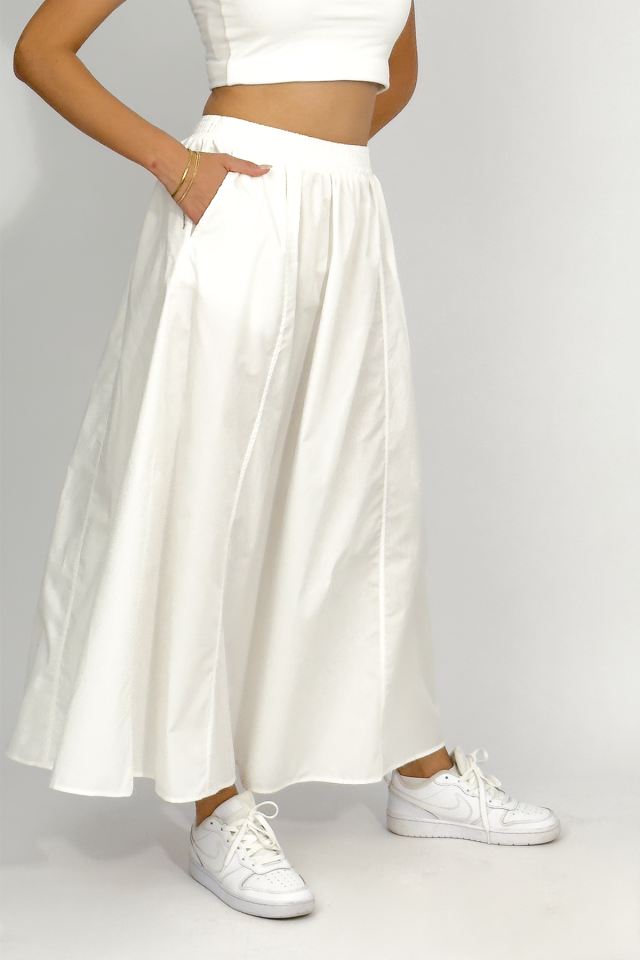 Poplin Beli Lastikli Cepli Uzun Etek EKRU - STANDART