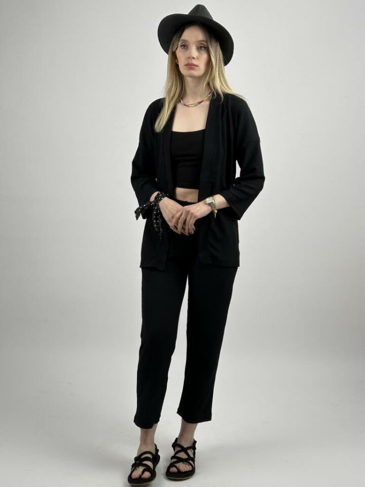 Kadın Pantolonlu Alt Üst İkili Kimono Takım Rahat Kalıp SİYAH - 3XL