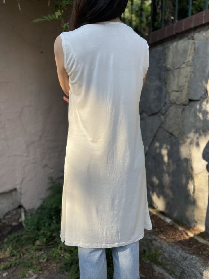 Kadın Sıfır Kol Penye Uzun Tunik İçlik EKRU - L/XL