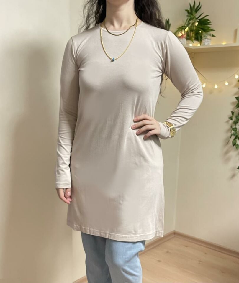  Kadın Uzun Kol Bisiklet Yaka Penye Tunik Içlik Dış Giyim Bej - 2XL/3XL