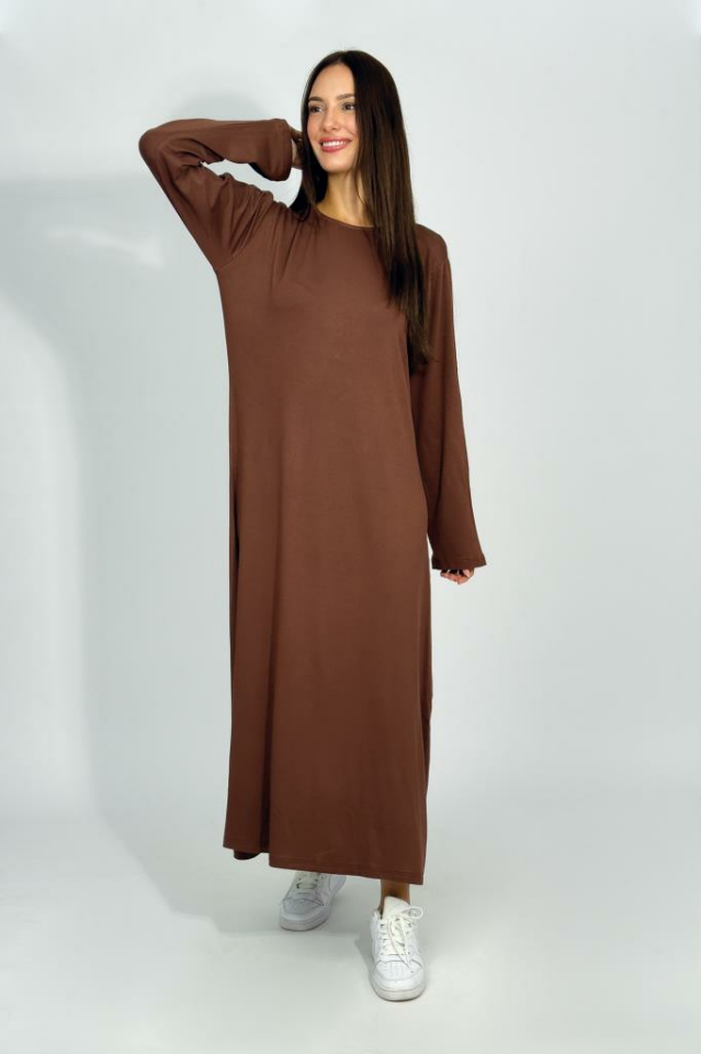 Kadın Yazlık Uzun Kollu Viskon Midi Boy Bisiklet Yaka Elbise Kahve - 2XL/3XL